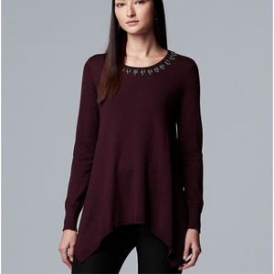 EUC Simply Vera Vera Wang Embellished Handkerchief Hem Sweater